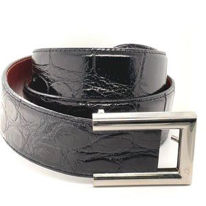 Calvin Klein Shiny Black Leather Womens Buckle Belt Small Silver Tone